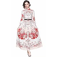 XINUO Women's Long Sleeve Maxi Dresses Paisley Print A line Casual Work Formal Daily Holiday Belt Included Daily Dress (Pink Floral Print, US 14,Asian Size XXL)