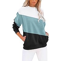 Womens Casual Color Block Patchwork Sweatshirts Long Sleeve Crewneck Cute Loose Fit Pullovers With Pockets Fall Tops