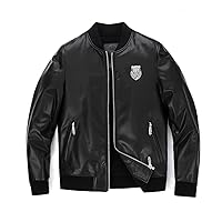 PALALEATHER Men's Black Pattern Patched Genuine Varsity Leather Bomber Jacket