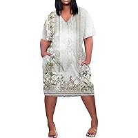 T Shirt Dresses for Women 2024 Summer Plus Size V Neck Short Sleeve Knee Pocket Soild Casual Dress