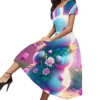 XJYIOEWT Denim Dresses for Women 2024 Midi,Women's Spring/Summer and Elegant Temperament ColorfulEaster Egg Rabbit Theme