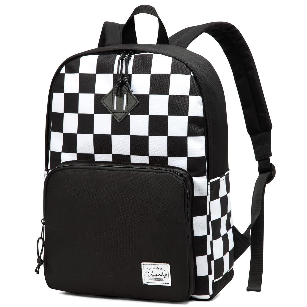 VASCHY School Backpack, Lightweight Travel Backpack for Men Women Schoolbag Bookbag for Kids Teen Boys Girls Black White Plaid