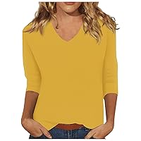 Tropical Outfits Womens, Plus Size Outfits for Women Comfy Clothes for Women Three Quarter Sleeve Blouse Women's Summer V-Neck Tunic Trendy Tee Print 2024 Slim Tshirt Tops Summer (Yellow,Large)
