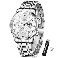 OLEVS Mens Stainless Steel Chronograph Roman Numerals Moon Phase Analog Quartz Luxury Waterproof Wrist Watch for Men