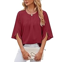 Women's Classic Round Neck Flowy Chiffon Tops Fashion Half Sleeve Loose Fit T Shirts Summer Cool Comfy Dressy Blouse