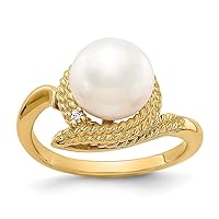 14k Yellow Gold Polished Prong set 8.5mm Freshwater Cultured Pearl Diamond ring Size 6 Jewelry for Women