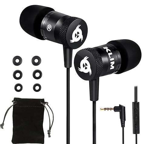 KLIM Fusion Headphones in Ears with Microphone, Durable, Innovative: In-Ear Headphones with Memory Foam 3.5 mm Jack, Sport Gaming In-ear Black