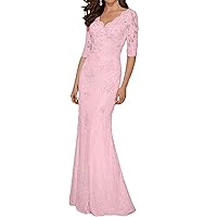 Women's V-Neck Half Sleeves Lace Mother of The Bride Dress Mermaid Prom Gown