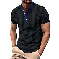 Men's Short Sleeve Collarless Polos Golf Shirts Stretch Wrinkle Free Henley Shirts V Neck Summer Casual Striped T-Shirts