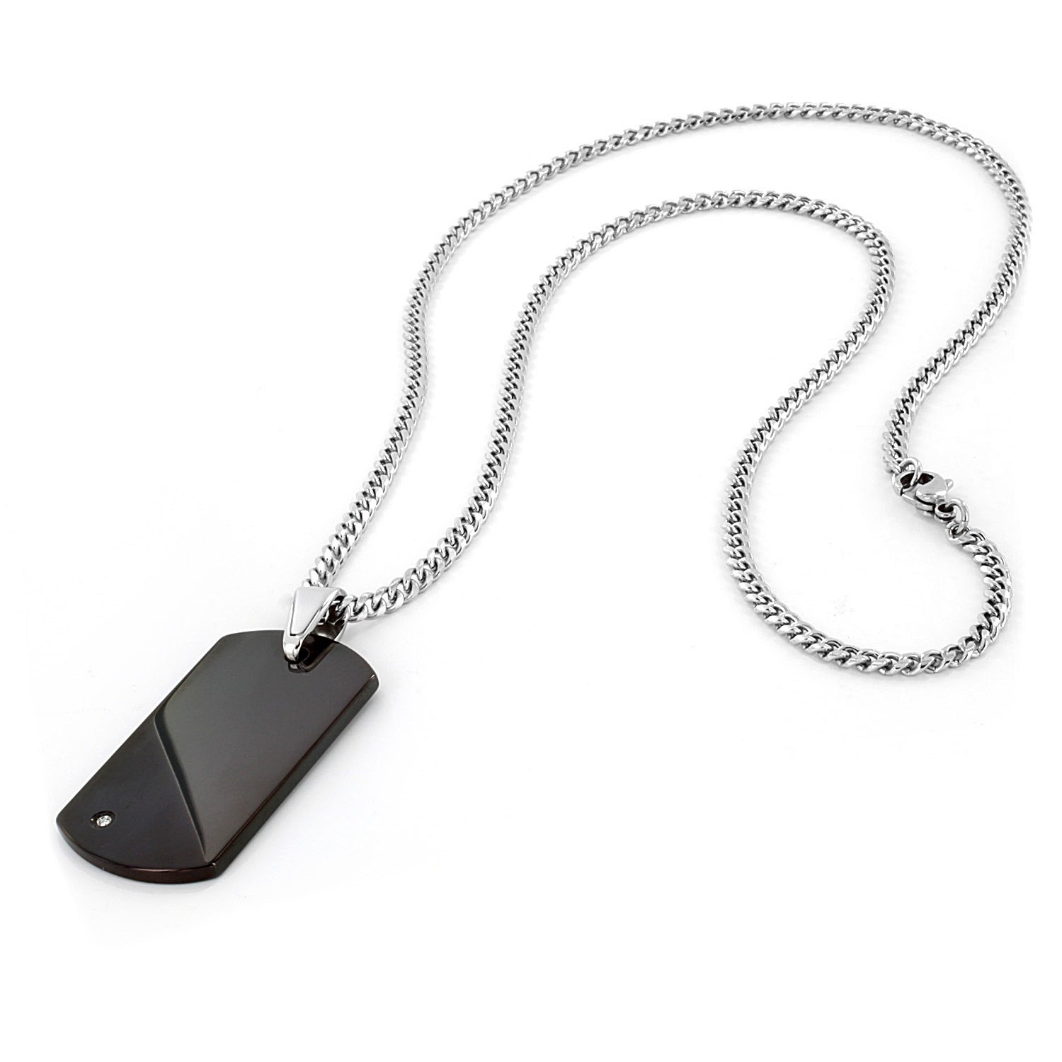 Crucible Jewelry Mens Black Plated Tungsten Carbide Diamond Dog Tag on 24-Inch Curb Chain Pendant Necklace