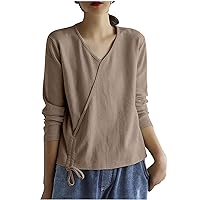 Womens Lace-Up Drawstring Ruched Wrap Tops Long Sleeve Crewneck Shirts Fashion Casual Loose Fit Solid Blouses