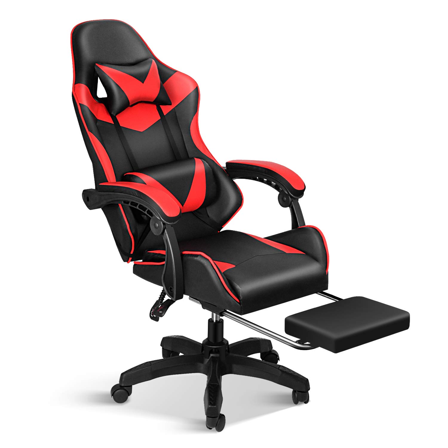 YSSOA FNGAMECHAIR01 Gaming Office High Back Computer Ergonomic Adjustable Swivel Chair with Headrest and Lumbar Support, with footrest, Red/Black