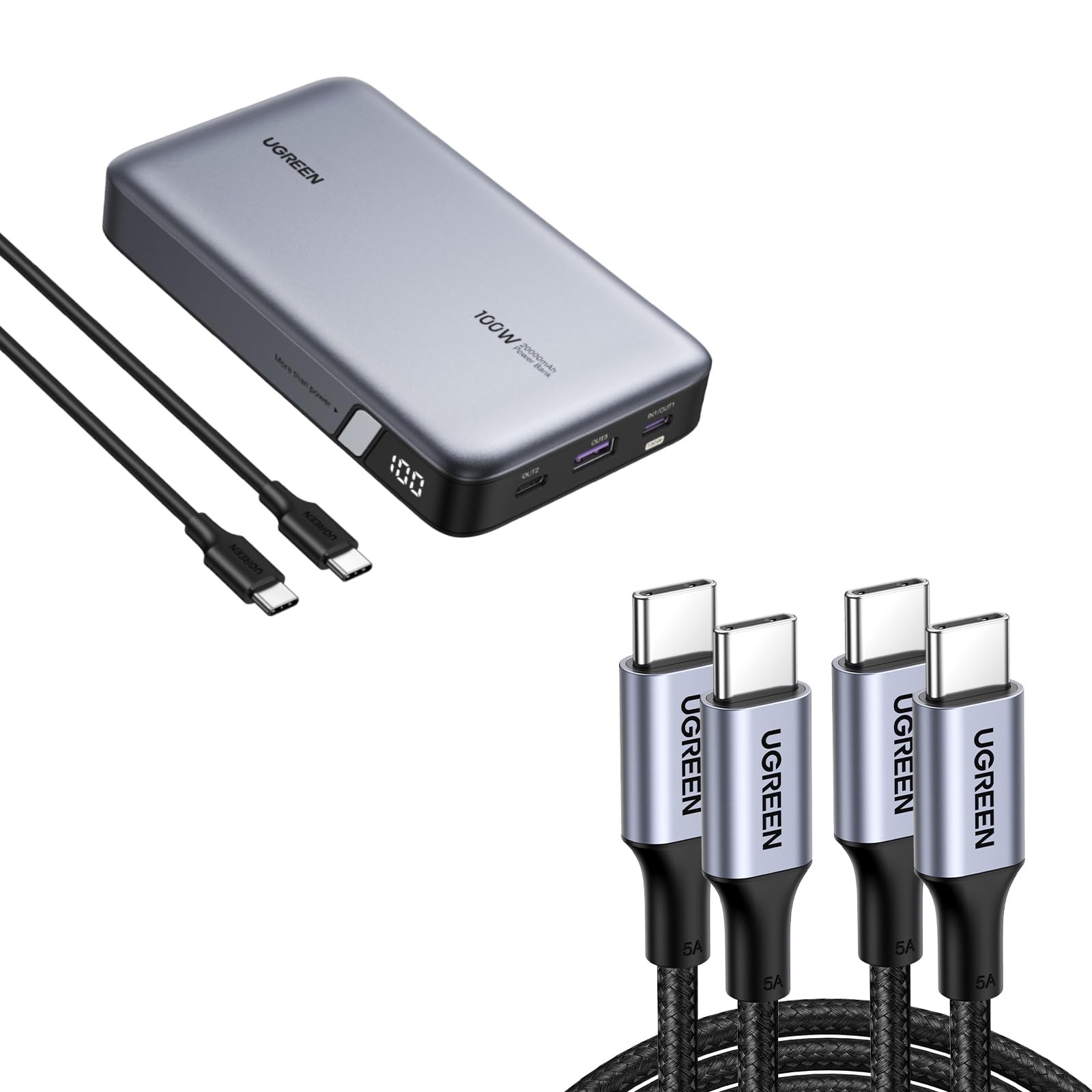 UGREEN 100W Power Bank Bundle with 100W 2-Pack 3.3FT USB C Cable