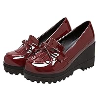 Womens Wedges Pumps Patent Leather High Heel Platform Round Toe Slip On Sweet Elegant Loafer Shoes