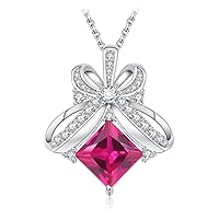 JewelryPalace Butterfly Bow Knot Princess Cut 3.6ct Created Pink Sapphire Pendant Necklace for Women, 14k White Gold Plated 925 Sterling Silver Necklace for Her, Gemstone Jewellery Set 18 Inches Chain