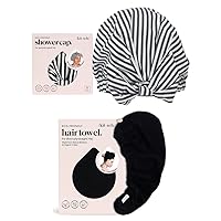 Kitsch Luxury Shower Cap (Stripes) and Kitsch Microfiber Hair Towel (Black) Bundle with Discount