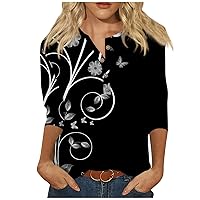 Summer Clothes for Women,Women's Fashion Vintage Printed Graphic Tees 3/4 Sleeve Round Neck Button Top