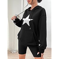 Sweatshirts for Women - Star Print Kangaroo Pocket Drop Shoulder Drawstring Hoodie (Color : Black, Size : Small)