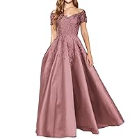 Women’s Off Shoulder Satin Prom Dresses with Sleeve, Lace Appliques Formal Evening Party Gowns with Pocket