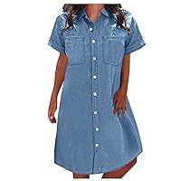 Plus Size Summer Dresses for Women, 2024 Short Sleeve Denim Dress Casual Loose V Neck Dress Swing Comfy Beach with Pockets Dresses Short Soft Surroundings Womens Dresses (5XL, Light Blue)