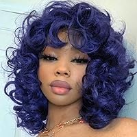Short Loose Curly Wigs with Bangs for Black Women Dark Blue Big Curly Wigs for Black Women Synthetic Heat Resistant Fluffy Afro Wigs Big Curly Wig for Black Women 250g (14 Inch, BLUE)