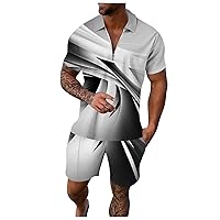 Male Casual Striped Ramp Print Two Piece Suit Zipper Short Sleeve Top Blouse Suit Drawstring Boys Satin Formal