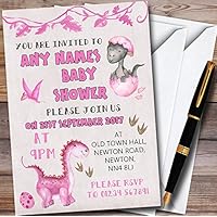 10 x Watercolour Pink Dinosaur Girl Personalized Baby Shower Invitations
