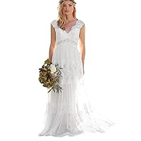 Women's Wedding Dresses Lace Applique Double V Neck Sleeveless Evening Dress Country Style Bridal Gown Backless