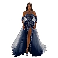 Glitter Sequin Prom Dresses 2022 Mermaid Slit Tulle Evening Sparkly Stretch Formal Gown with Undetachable Train DR0087