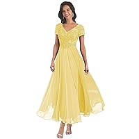 V-Neck Mother of The Bride Dresses Chiffon Lace Appliques Long Formal Evening Dress with Sleeve PA426