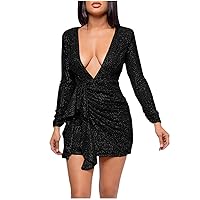 Women Long Sleeve Sequin Short Dress Sparkly Glitter V Neck Dress Ruched Tie Waist Sexy Party Club Cocktail Prom Mini Dresses