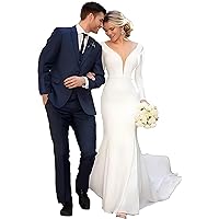 Women Mermaid Backless Wedding Dress with Long Sleeves Elegant Simple A Line Bride Satin Maxi Bridal Ball Gowns