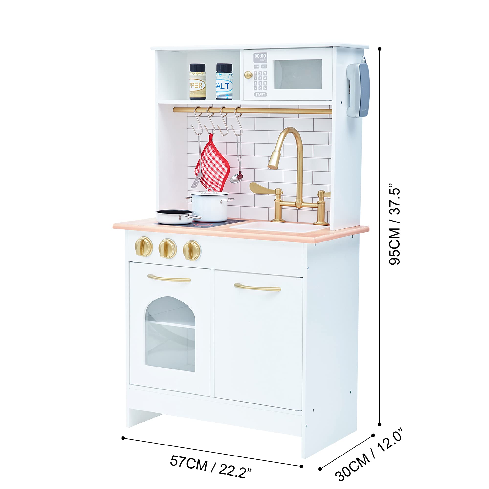 Teamson Kids Little Chef Boston Kids Play Kitchen Set with Play Phone & Cookware, Small Play Kitchen with Subway Tile Backsplash, White/Gold