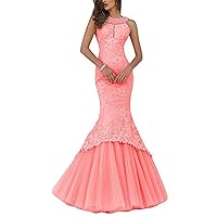 Women's Mermaid Lace Evening Gowns High Neck Long Prom Dresses