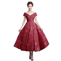 Retro Formal Dresses for Women Evening Lace Short Wedding Party Dress Burgundy US18W