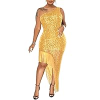 chicyes Women's Bodycon One Shoulder Tassel Sequin Sparkly Club Party Summer Dress