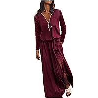 Women Long Sleeve Pleated T-Shirt Dress Zipper Deep V-Neck Waist-Defined Casual Maxi Dress Dressy Split Side Dresses