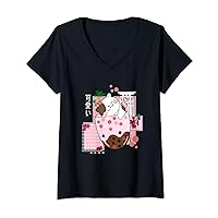 Womens Cat Kawaii Boba Anime Neko Bubble Tea Girls Teens V-Neck T-Shirt