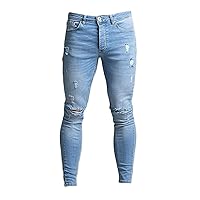 Andongnywell Men's Ripped Destroyed Holes Jeans Stretchy Knee Hole Denim Pants Straight Fit Zipper Jean
