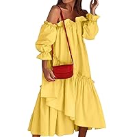 Womens Summer Dresses 2024 Loose Casual Solid Color Irregular Off Shoulder Long Sleeves Dress