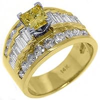 14k Yellow Gold 4.08 Carats Princess Yellow Diamond & Baguette Engagement Ring