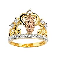 18K Gold Plated Yellow & Rose Color Lady of Guadalupe Virgin Mary with Round Cut Cubic Zirconia Women's Girl's Religious Crown Ring