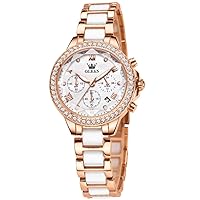 OLEVS Women's Rose Gold Automatic Watches Skeleton Mechanical Self Winding Ladies Elegant Luxury Dress Butterfly Diamond White Ceramic Band Watch Gift