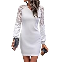Womens Fall Fashion 2022 Contrast Lace Raglan Sleeve Bodycon Dress (Color : White, Size : X-Small)
