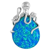 Sterling Silver Synthetic Opal Octopus Necklace for Women 20x17mm Teardrop 1 1/8 inch w/ 1mm Rope Chain