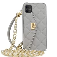 for iPhone 12 Mini Handbag Case with Card Holder Wrist Lanyard Strap Soft Silicone Cover Wallet Case for Women Luxury Stylish Long Pearl Crossbody Chain Case for iPhone 12 Mini Gray