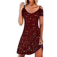 Sexy Dresses for Women Sequin Sparkly Glitter Spaghetti Strap Sundress Dress Cold Shoulder Short Sleeves Shiny Party Dresses
