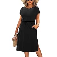 Plus Size Women Summer Casual Hide Belly Short Dolman Sleeves Midi Tie Waist Dresses with Pockets