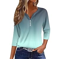 V Neck 3/4 Sleeve Tops for Women Gradient Summer Button Down Casual 2024 Trendy Pullover Tees Fashion Tshirt