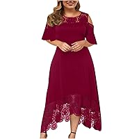 Summer Plus Size Midi Dresses for Women Hollow Out Floral Crochet Lace Cold Shoulder Short Sleeve High Low Hem Cocktail Dress